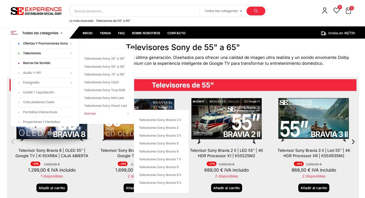 Nueva estructura de Sony Experience con páginas segmentadas por tamaño, tecnología y gama de televisores