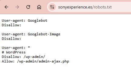 Archivo robots.txt de Sony Experience con directrices de rastreo para Googlebot