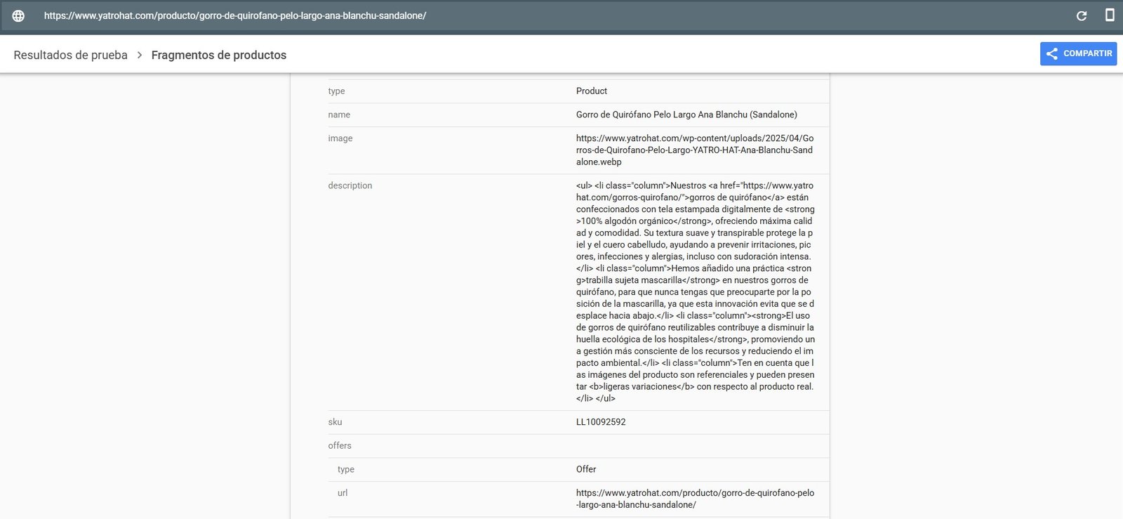 Validación de los datos estructurados de producto de YATRO HAT