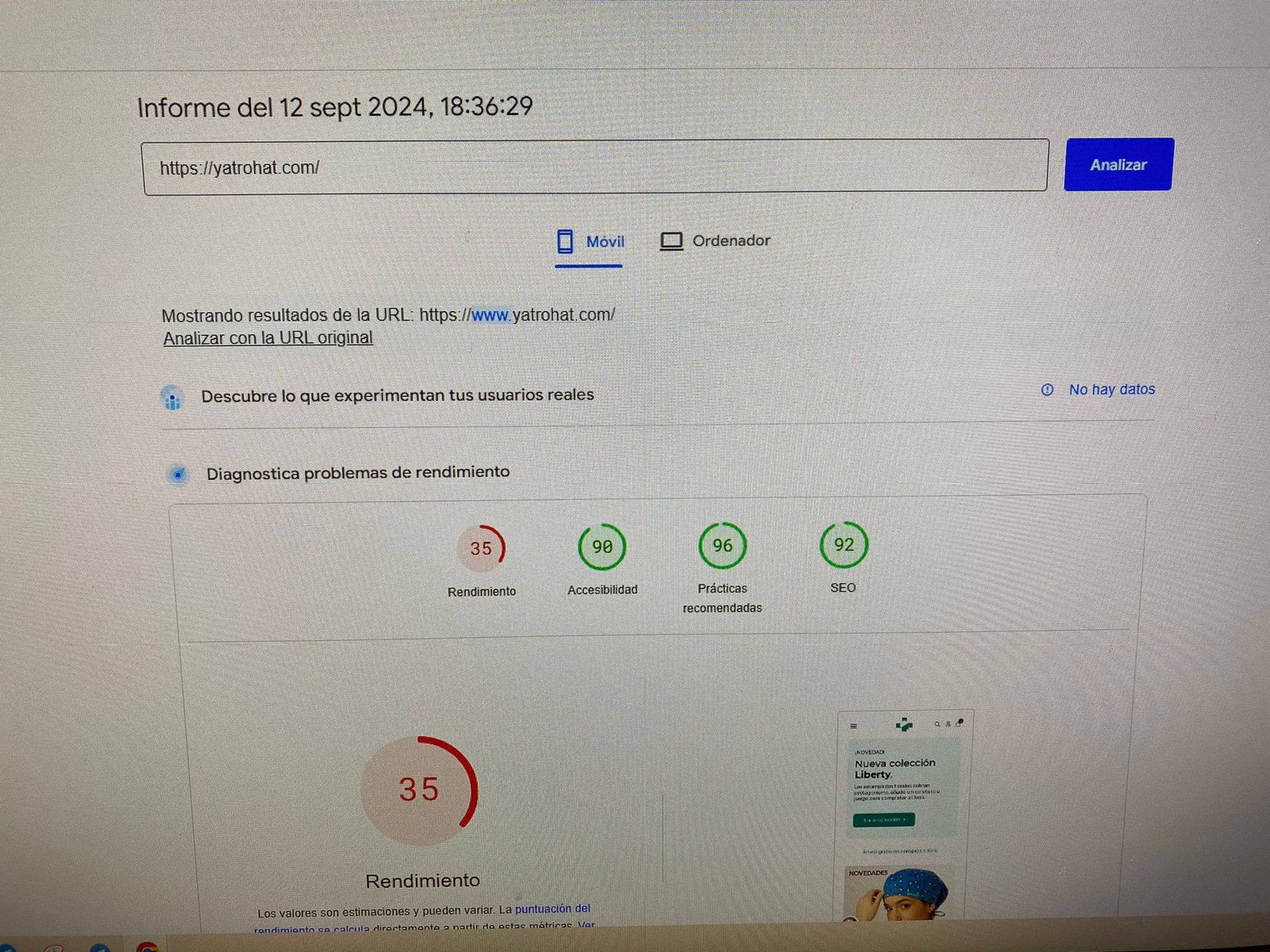PageSpeed de YATRO HAT con una puntuación inicial de 35